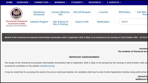 ICAI CA Intermediate September 2026 Result Expected on October 22