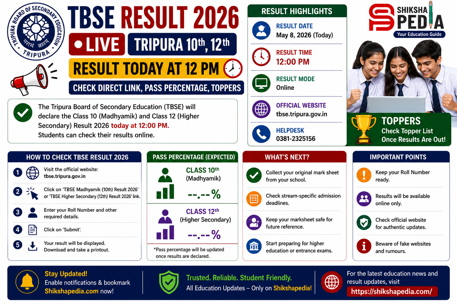 TBSE Result 2026 LIVE: Tripura 10th, 12th Result Today at 12 PM, Check Direct Link, Pass Percentage, Toppers