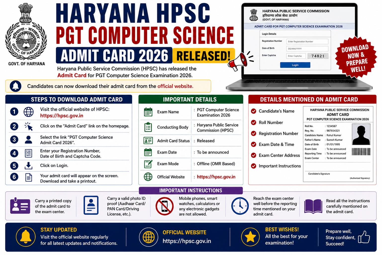 Haryana HPSC PGT Computer Science Admit Card 2026 Released